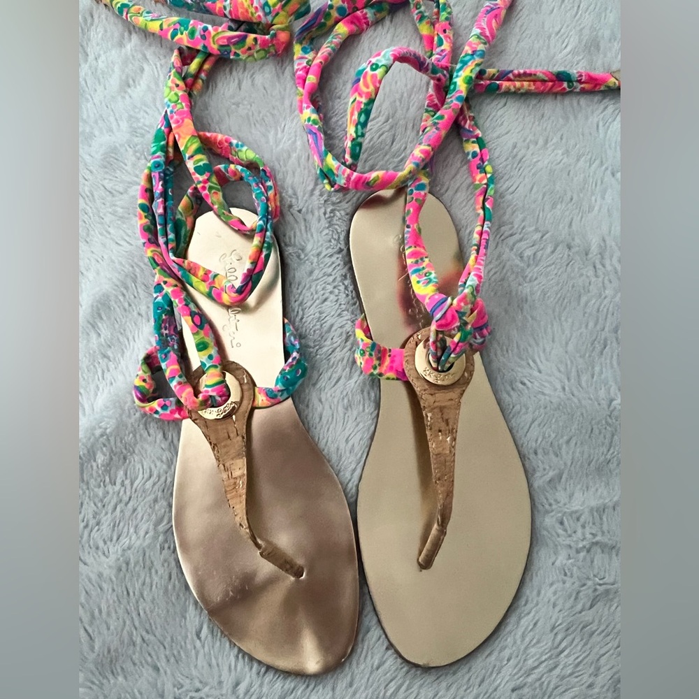 Lilly Pulitzer Cork Sandals With Printed Wrap Ties